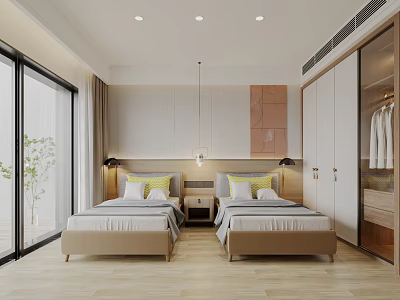 Modern Minimalist Bedroom Interior With Twin Beds Nightstands And Built In Wardrobes 3d model