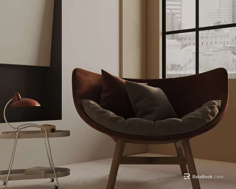 Brown Fabric Leisure Chair With Soft Pillows And Side Table In Modern Living Room 3d model 