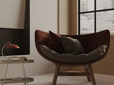 Brown Fabric Leisure Chair With Soft Pillows And Side Table In Modern Living Room 3d model