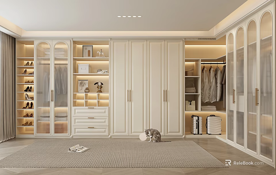Modern Walk In Closet Interior Design With White Cabinets Glass Doors And Soft Lighting 3d model 