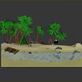 3D Tropical Island Scene With Sandy Beach Green Trees Blue Water And Dolphins
