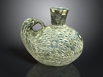 Ancient Style Hand Carved Stone Sculpture Vase With Textured Surface And Handle 3d model