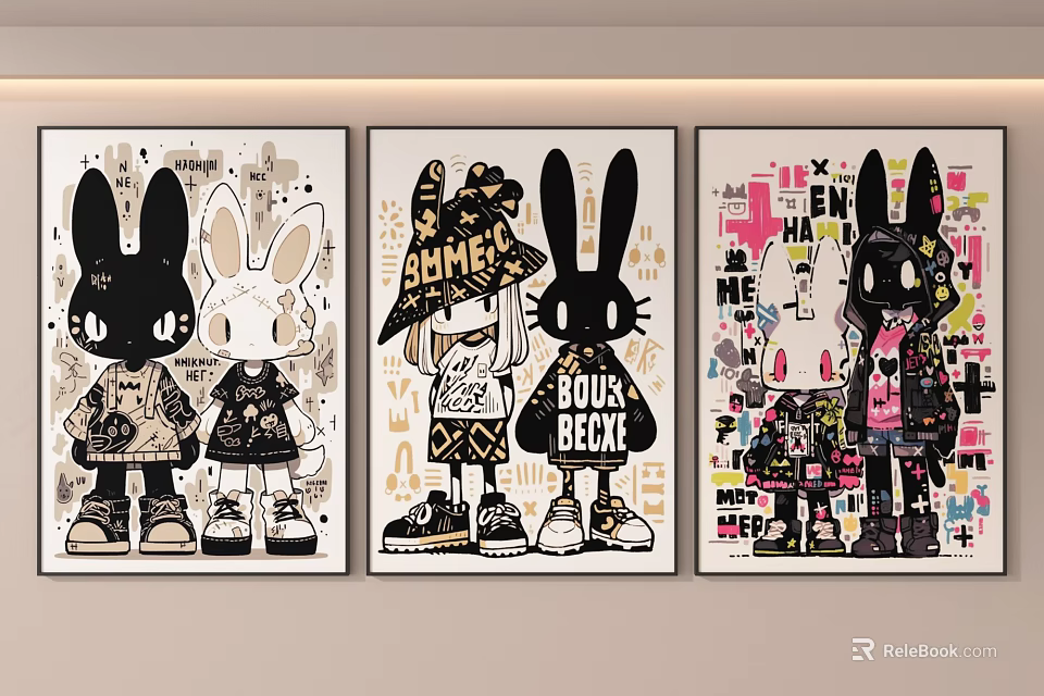 Rabbit Themed Decorative Wall Art With Colorful Patterns And Character Designs 3d model 