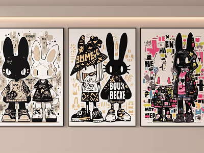 Rabbit Themed Decorative Wall Art With Colorful Patterns And Character Designs 3d model