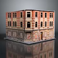 Old Multi Story Building Model With Weathered Red Brick Facade Yellow Walls And Windows