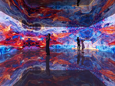 Immersive Exhibition Hall With Colorful Digital Art Projections On Walls And Floor 3d model