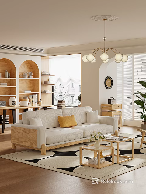 Modern Living Room With Beige Three Seater Sofa Wooden Frame And Decorative Plants 3d model 