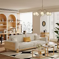 Modern Living Room With Beige Three Seater Sofa Wooden Frame And Decorative Plants