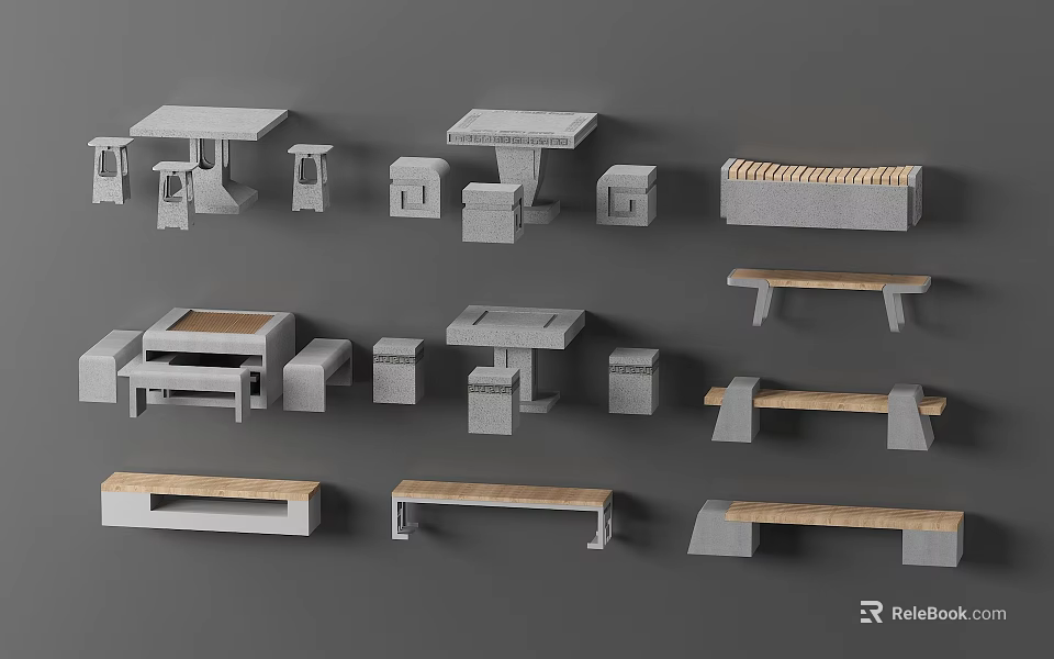 Various Styles of Modern Table and Chair Sets With Wooden Seats and Benches 3d model 