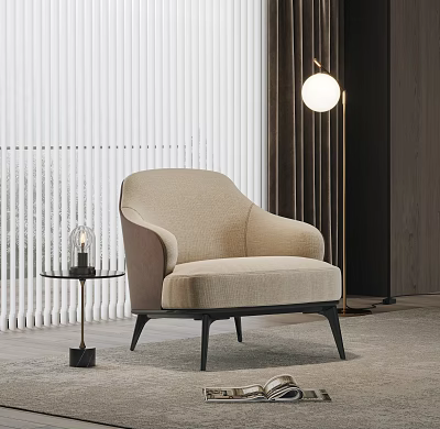 Modern Beige Accent Chair with Side Table Candle White Blinds and Pendant Light 3d model