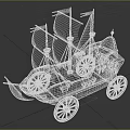 Wooden Ship With Red Sails And Gold Wheels On White Background