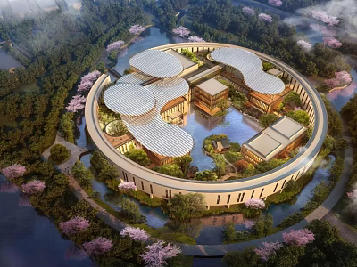 Modern Circular School Building With Unique Roof Surrounded By Water And Cherry Blossom Trees 3d model