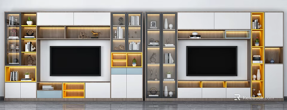 Modern TV Wall Unit With White Cabinetry Glass Doors Open Shelves And LED Lights 3d model 
