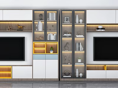Modern TV Wall Unit With White Cabinetry Glass Doors Open Shelves And LED Lights 3d model