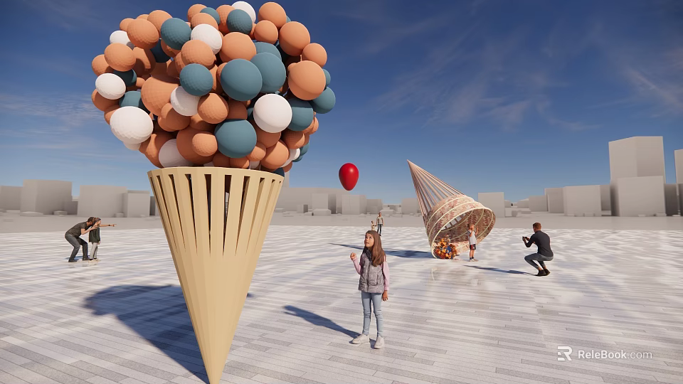 Giant Cone Shaped Garden Ornament With Colorful Balls Red Balloon And People In Open Square 3d model 