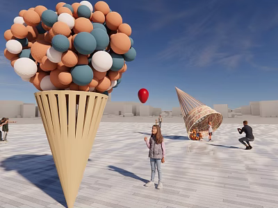 Giant Cone Shaped Garden Ornament With Colorful Balls Red Balloon And People In Open Square 3d model