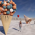 Giant Cone Shaped Garden Ornament With Colorful Balls Red Balloon And People In Open Square