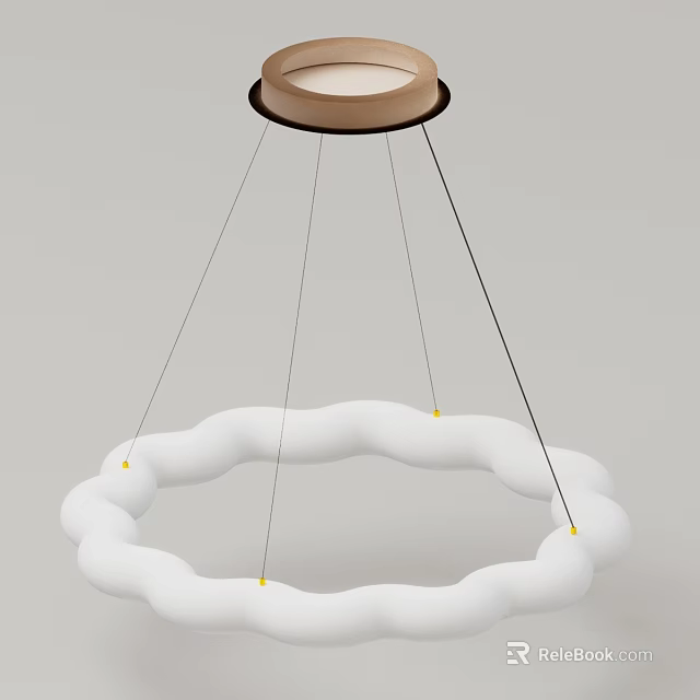 White Cloud Shaped Chandelier Hanging With Wooden Top And Suspension Wires 3d model 