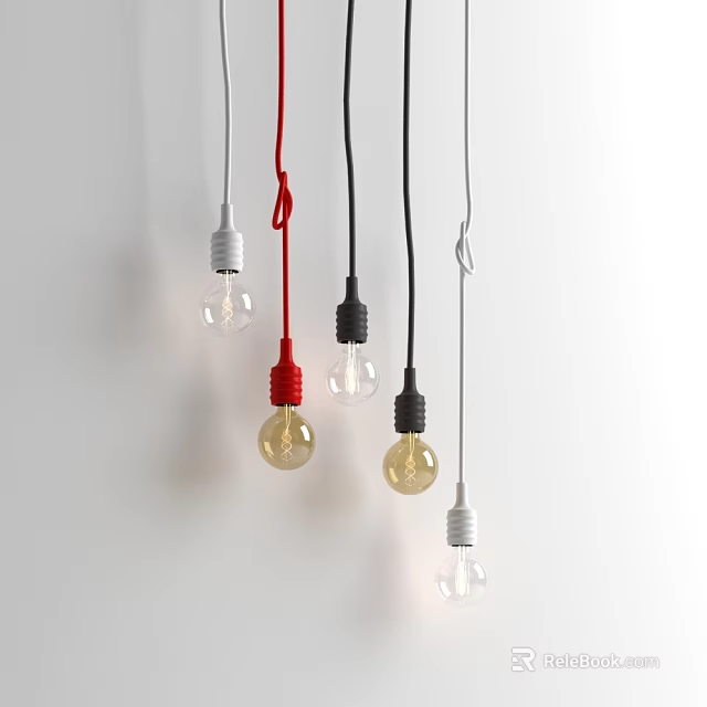 Modern Pendant Lights With Red Black White Cords And Transparent Amber Bulbs 3d model 