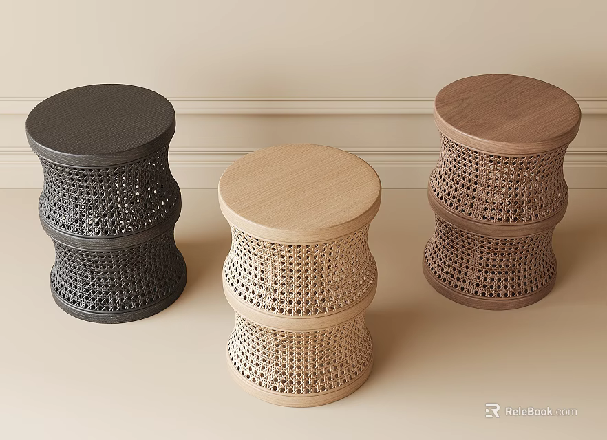 Round Rattan Stools With Hollow Woven Design In Black Light Brown And Dark Brown 3d model 
