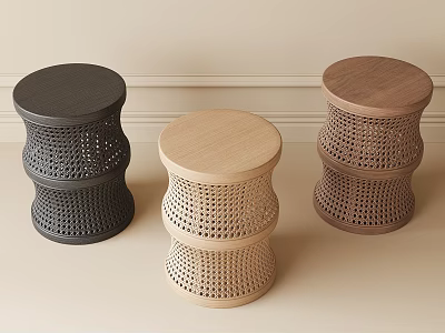 Round Rattan Stools With Hollow Woven Design In Black Light Brown And Dark Brown 3d model