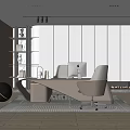 Modern Office Interior Design With Desk Chair Computer Bookshelf Decorative Ball And Rug