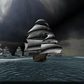 Fleet of Sailing Ships Sailing on Open Ocean Under Dramatic Cloudy Sky with Sunlight