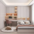 Modern Tatami Bedroom Interior With White Cabinets Desk Pink Chair Window And Lighting Strips