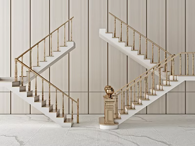 Elegant Modern Staircase With Gold Railings White Steps And Wooden Panel Walls 3d model