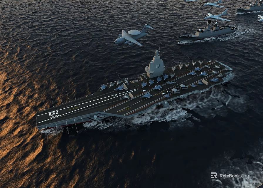 Aircraft Carrier Leading Naval Fleet With Destroyers And Carrier-Based Aircraft Sailing At Sea 3d model 