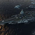 Aircraft Carrier Leading Naval Fleet With Destroyers And Carrier-Based Aircraft Sailing At Sea