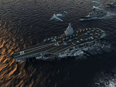 Aircraft Carrier Leading Naval Fleet With Destroyers And Carrier-Based Aircraft Sailing At Sea 3d model