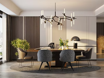 Modern Restaurant Dining Area With Round Table Upholstered Chairs Geometric Chandelier And Potted Plants 3d model