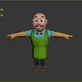 Bald man with mustache in blue shirt green apron and outstretched arms against gray background