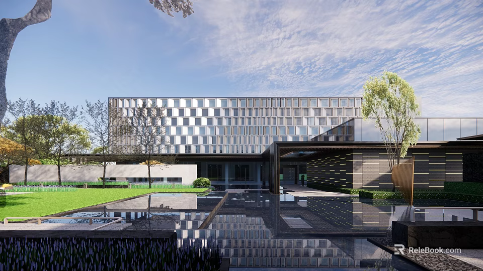 Modern Sales Office Building With Geometric Facade And Water Reflections In Landscaped Area 3d model 