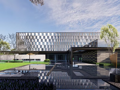 Modern Sales Office Building With Geometric Facade And Water Reflections In Landscaped Area 3d model