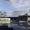 Modern Sales Office Building With Geometric Facade And Water Reflections In Landscaped Area
