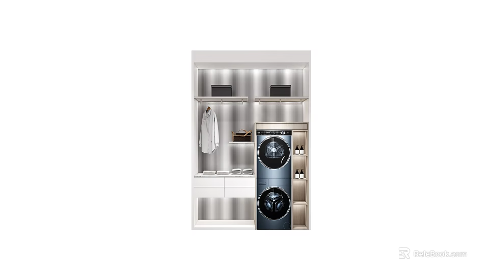 Practical Home Balcony Design With Stacked Washing Machine Dryer And Storage Cabinets 3d model 