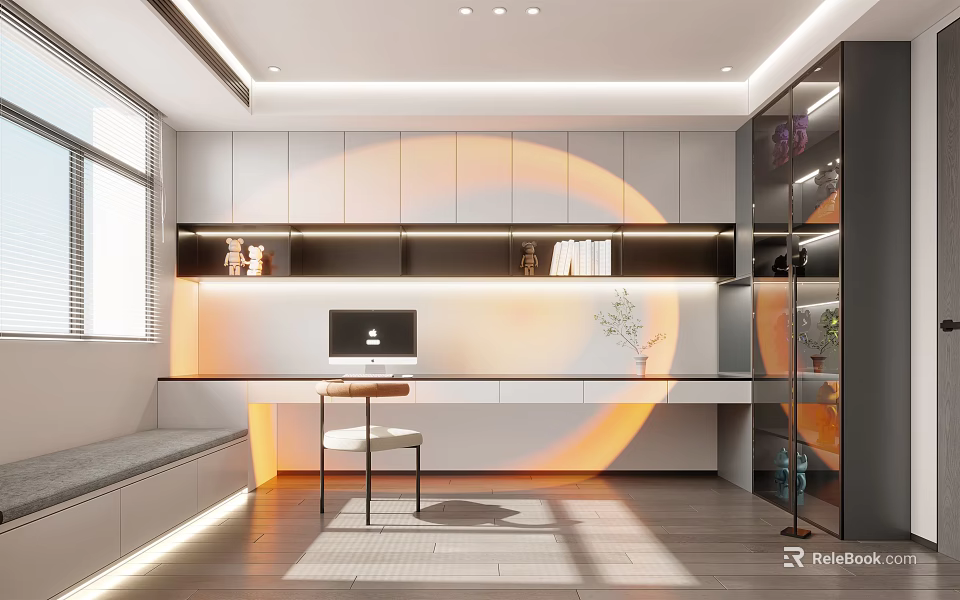 Modern Study Room Interior Design With Desk Bookshelf And Natural Lighting 3d model