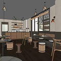 Elegant Restaurant Interior With Large Windows Wooden Floors Tables Chairs Benches And Wall Mounted Lights