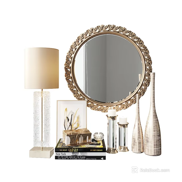 Elegant Decorative Ornament Set With Golden Carved Mirror White Table Lamp Photo Frame And Vases 3d model 