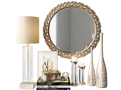 Elegant Decorative Ornament Set With Golden Carved Mirror White Table Lamp Photo Frame And Vases 3d model
