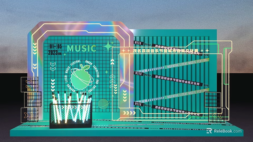 Vibrant Music Themed Neon Light Design With Grid Background And Electronic Elements 3d model 
