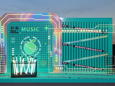 Vibrant Music Themed Neon Light Design With Grid Background And Electronic Elements 3d model