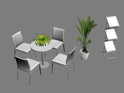 Modern Round Table And Four Chairs Set With Green Plant And Display Shelf 3d model