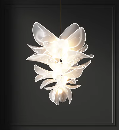 Elegant Modern Layered Petal Shaped Transparent Chandelier Illuminated On Dark Wall 3d model