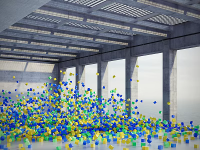 Car Showroom With Metal Grid Ceiling Large Windows Colorful Cubes And Sea View 3d model