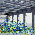 Car Showroom With Metal Grid Ceiling Large Windows Colorful Cubes And Sea View