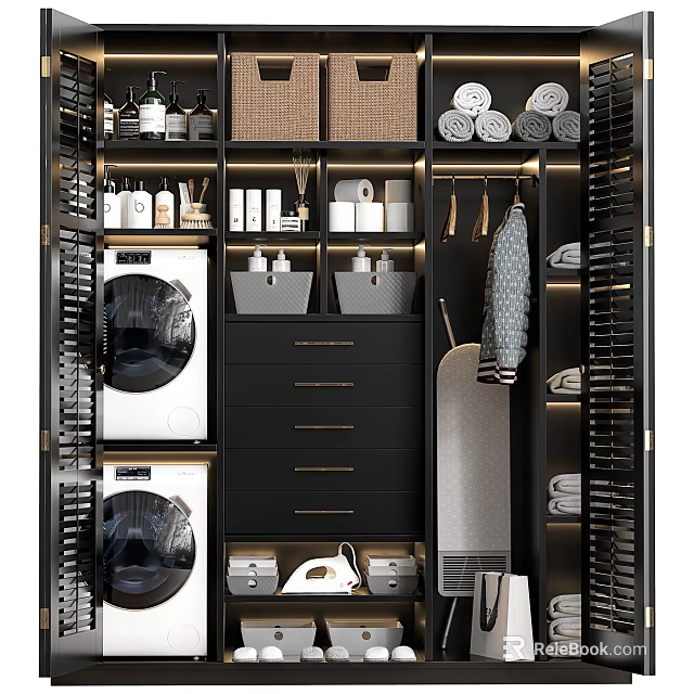 Modern Storage Cabinet Rack With Washing Machine Dryer Drawers Towels Iron And Laundry Supplies 3d model 