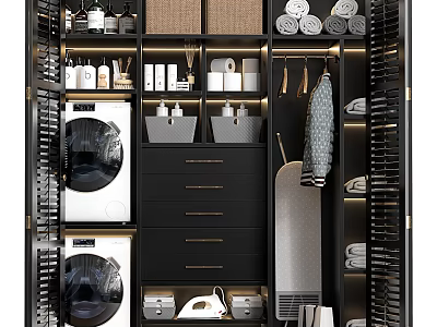 Modern Storage Cabinet Rack With Washing Machine Dryer Drawers Towels Iron And Laundry Supplies 3d model